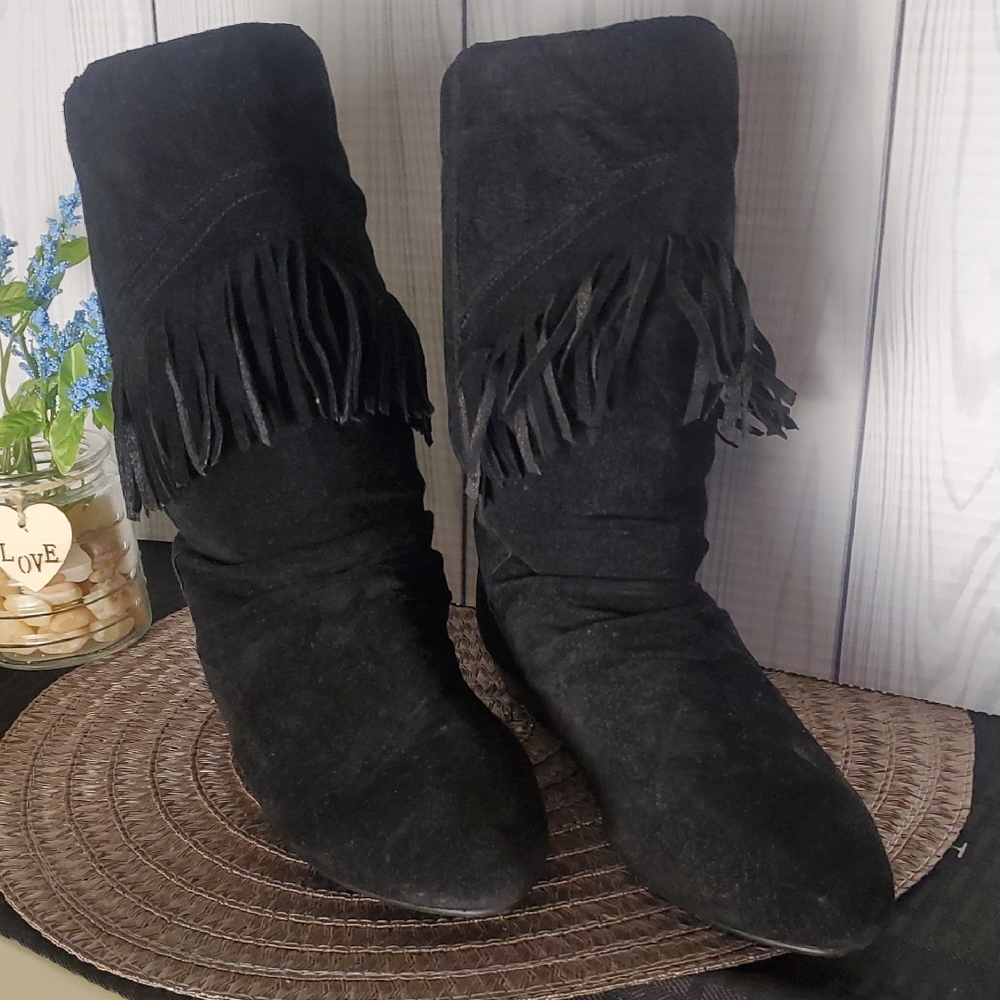 Black Heeled Boots with Cascading Fringe Detail